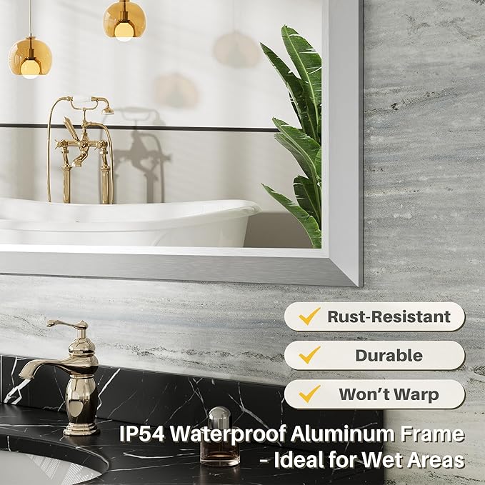 24x30 Inch Silver Bathroom Mirror for Wall, Thick Metal Framed Rectangle Mirrors for Over Sink, Bedroom, Living Room, Entryway, Anti-Rust, HD Tempered Glass