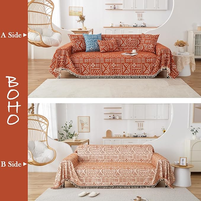 HANDONTIME Boho Aztec Sofa Slipcovers for Sofa/Couch Farmhouse Geometric Couch Protector for Dogs with Tassel Brick Orange Dog Couch Cover Sectional Sofa Cover Bohemian Decor for Sofa, 71" X118"