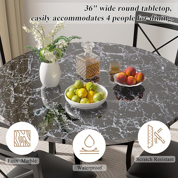 VECELO 5 Piece Dining Table Set for 4, Faux Marble Dinette with Chairs for Kitchen, Breakfast Nook, Small Space, Black
