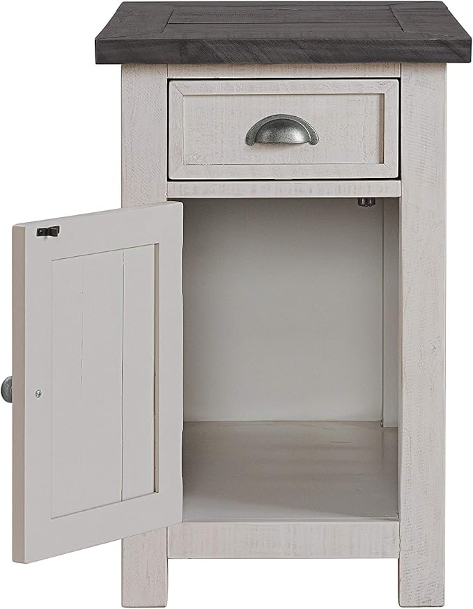 Martin Svensson Home Monterey Chairside Table - White with Grey Top - Coastal Multi-Use Table with Built-in Outlets and Drawers for Bedroom or Living Room