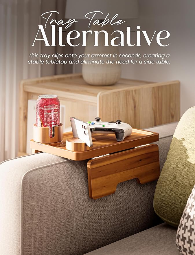 Holana 15.74" x 9.8" Couch Arm Table with Phone + Cup Holder 3 in 1 – Large Wooden Sofa Armest Tray – Double Hinge Sofa Arm Tray Table Clip - Wooden Side Tables for Eating and Drink (Acacia Wood)