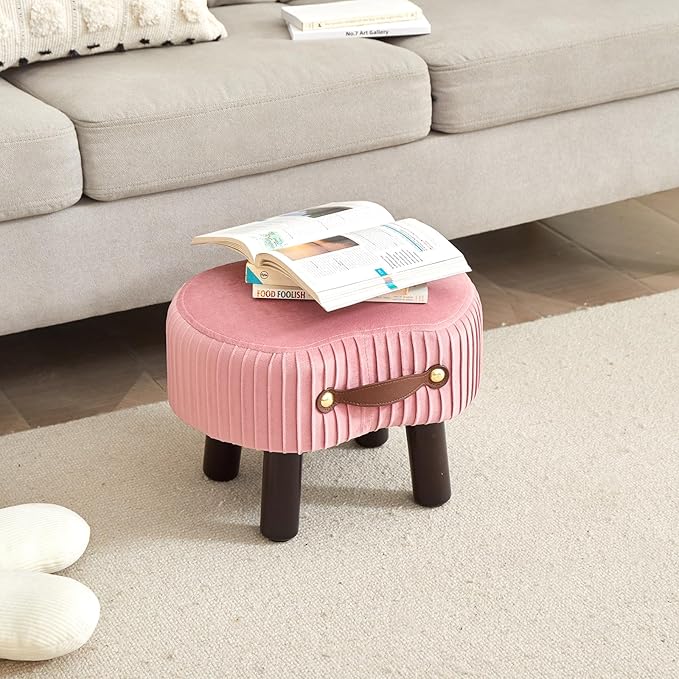 Small Footstool with Handle, Velvet Ottoman Foot Rest with Padded Seat, Curved Foot Stool with Wooden Legs, Portable Foot Rest for Living Room, Bedroom, Entryway, Pink
