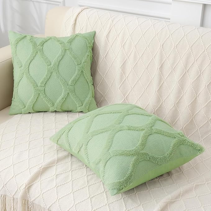 decorUhome Throw Pillow Covers 18x18 Inch Set of 2, Soft Plush Faux Fur Wool Sage Green Couch Pillow Covers, Decorative Neutral Pillow Cases for Bed Sofa Living Room Home Decor
