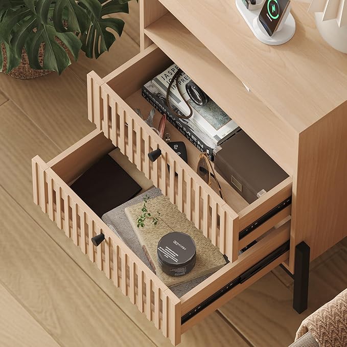 Vabches Nightstand with Charging Station and USB Ports,Industrial Style Fluted End Table, Bedside Table with 2 Drawers and Open Shelf, Sofa Side Table for Bedroom, Living Room, Set of 1