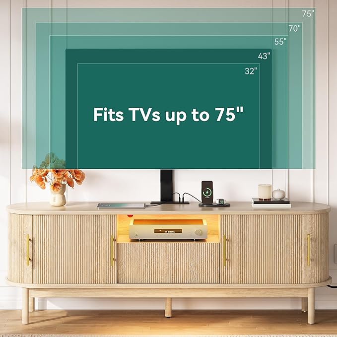 YITAHOME Fluted TV Stands for Living Room with Mount, Modern LED Entertainment Center for 75 Inch TVs, Curved TV Stand with Power Outlets & LED Light, Curved Profile Design, Natural Oak