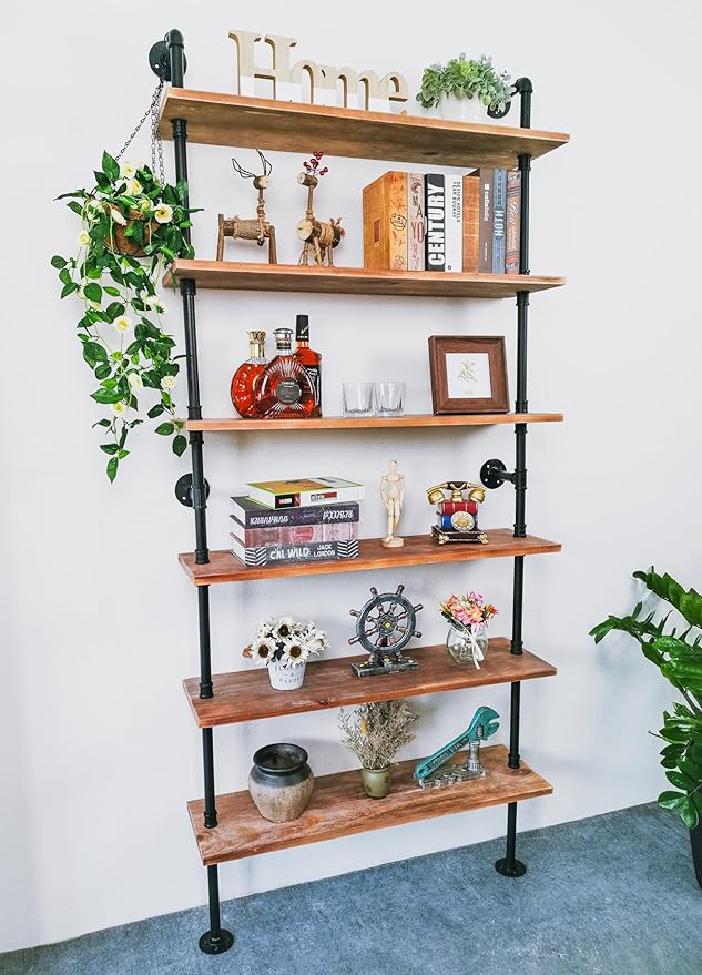 6 Tier Industrial Ladder Pipe Shelf Bookcase, Rustic Wall Mounted Pipe Bookshelves for Decor and Storage