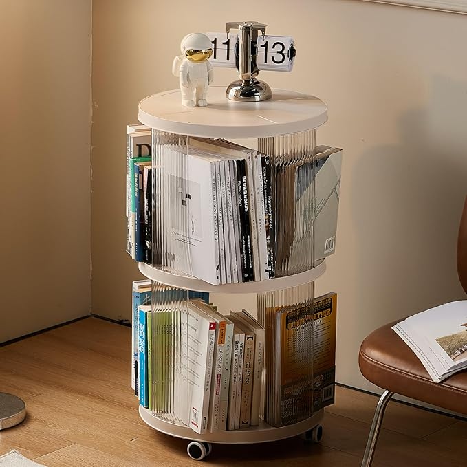 Rotating Bookshelf, 360°Display Spinning Bookshelf, 2 Tiers Moveable White Small Mobile Corner Bookcase Suitable for Bedrooms, Living Looms, Offices, and Study Rooms