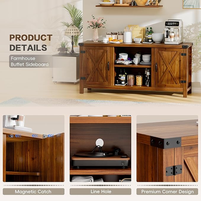 YESHOMY Farmhouse Buffet & Sideboard, 58" Kitchen Storage Cabinet with Adjustable Shelves & Doors, Wood Coffee Bar for Living Room, Entryway, Brown