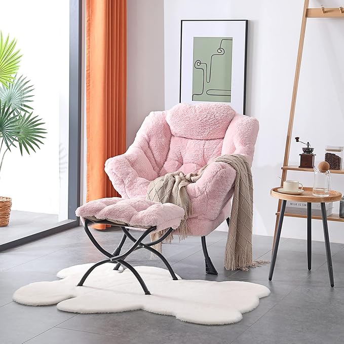 LITA Lazy Chair with Ottoman, Modern Accent Leisure Upholstered Sofa, Contemporary Lounge Reading Chair with Armrests and a Side Pocket for Living Room, Bedroom & Small Spaces, Plush Pink