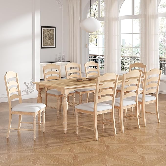 Ball & Cast 9-Piece 82.7inch Extendable Dining Table Set with 23.6inch Removable Leaf and 8 Upholstered Dining Chairs,Vintage Traditional Wood Kitchen Sets for 8,Family Gatherings,Natural