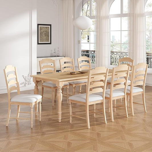 Ball & Cast 9-Piece 82.7inch Extendable Dining Table Set with 23.6inch Removable Leaf and 8 Upholstered Dining Chairs,Vintage Traditional Wood Kitchen Sets for 8,Family Gatherings,Natural