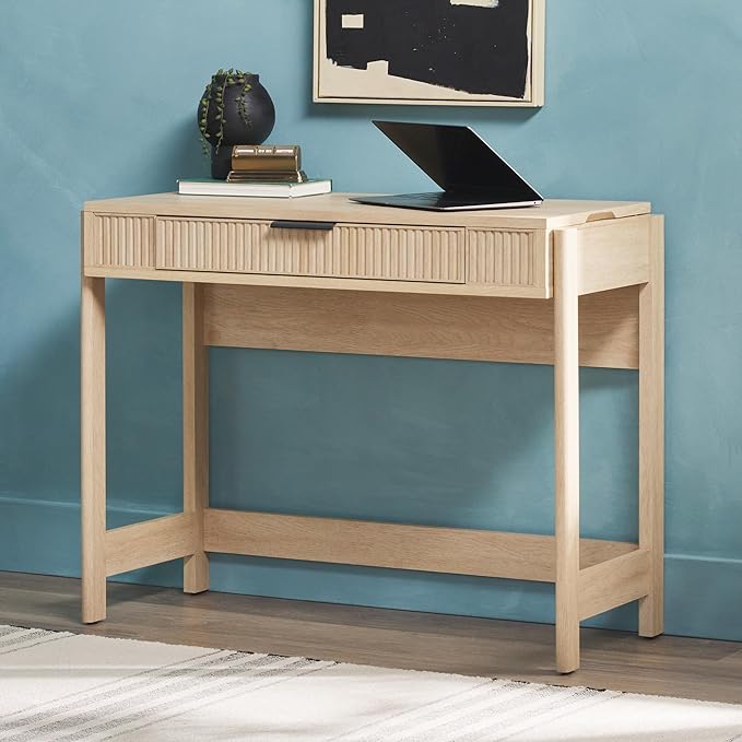 WALKER EDISON Transitional Style Furniture, Reeded Detail, Lift-Top Desk with Drawer and Storage Cubby, Sitting to Standing Desk, Soft Self-Close Desktop, 38”W x 16.75”D x 30”H, Coastal Oak