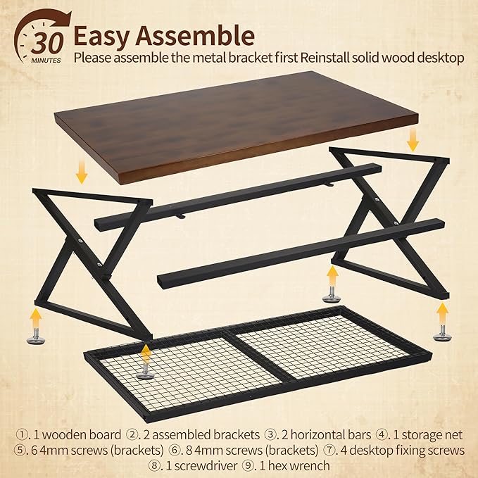 EASYSOUL Coffee Table with Storage Shelf, Solid Wood Top with Black Metal X-Frame, 39.37" D x 23.62" W x 18.11" H, Mid Century Modern Center Coffee Tables for Living Room with 2 Tier (Brow, 47.24")