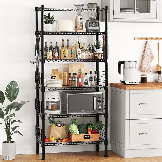 Metal Storage Rack, Storage Organizer Shelves for Kitchen, Bathroom, Living Room, Balcony and Garage, 5 Tiers Narrow Bookshelf, 21.2" W x 9.4" D x 59.2" H, Load 400lbs, Black