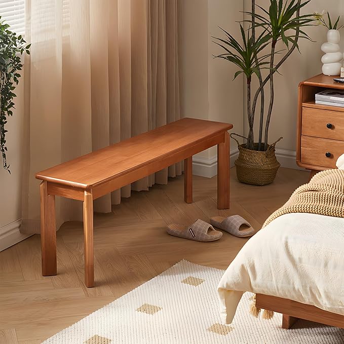 Dining Bench, Solid Wood Bench with Wide Seat, Mid Century Modern Bench, End of The Bed Bench, 47.2" L x 11" W x 16.5" H(Natural)