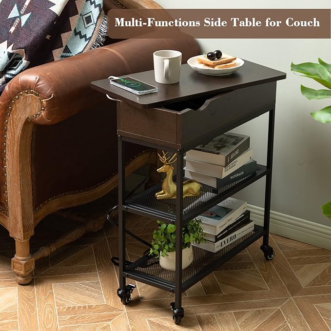 Hadulcet End Table with Charging Station & Rotating Top, Couch End Table, Rotating Swivel Top Side Table for Living Room & Bedroom, Narrow Rolling Side Table on Wheels, Skinny Nightstand, Black Walnut