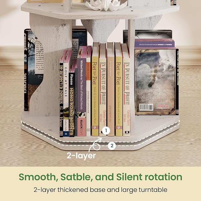 Rotating Bookshelf, 5 Tier Spinning Bookshelf Tower, Corner Revolving Storage Rack for Bedroom, Study Room, Kids Room, Living Room, Office (White, 5 Tier)