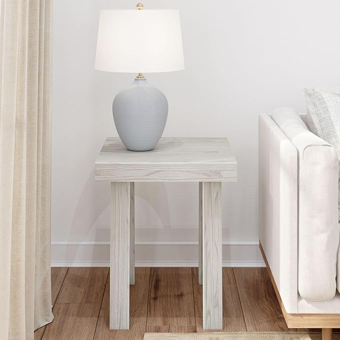 Plank+Beam Classic Square Side Table, Slim Side Table for Living Room, Narrow Nightstand for Small Spaces, Wood End Table for Bedroom, White Sand Wirebrush