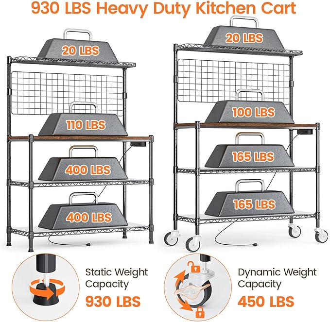 Leteuke Bakers Rack with Power Outlet & Storage, 36 Inch Microwave Stand Kitchen Cart, 4-Tier Metal Kitchen Shelves Cart with Wheels & 20 S-Hooks for Kitchen, NSF Certified, 63 x 18 x 36 Inch-Black