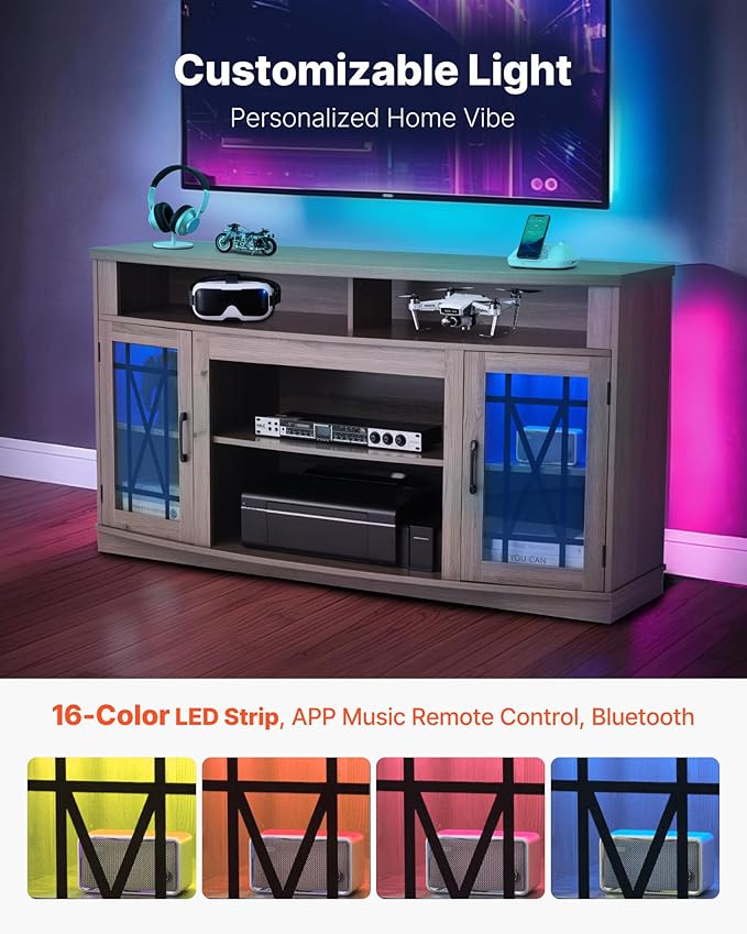 VEVOR TV Stand for TVs up to 65 inch, Farmhouse Entertainment Center with Light Strip, Wooden TV Cabinet Storage with Glass Doors and Adjustable Shelves, Console Table for Living Room, Bedroom, Gray