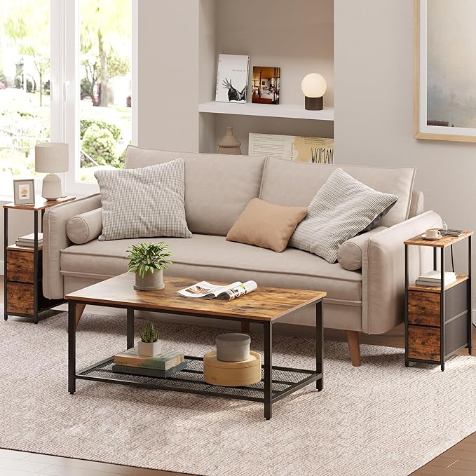 TUTOTAK Small Narrow End Table with Charging Station, Set of 2, Side Table with Outlets, Nightstand with 2 Cloth Drawers, Couch Table, for Living Room, Bedroom, Bedside, Brown TB01BB055