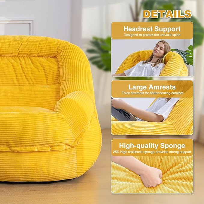 Giant Bean Bag Chair with Armrests - Oversized Cozy Seating for Adults, Corduroy Fabric & High - Density Foam Filling, Ideal Lounge for Living Room, Bedroom & Gaming Room (Corn Yellow)