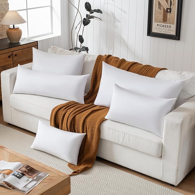 Basic home14x24 Decorative Throw Pillow Inserts-Down Feather Pillow Inserts-Oblong-Cotton Fabric-Set of 2-White.