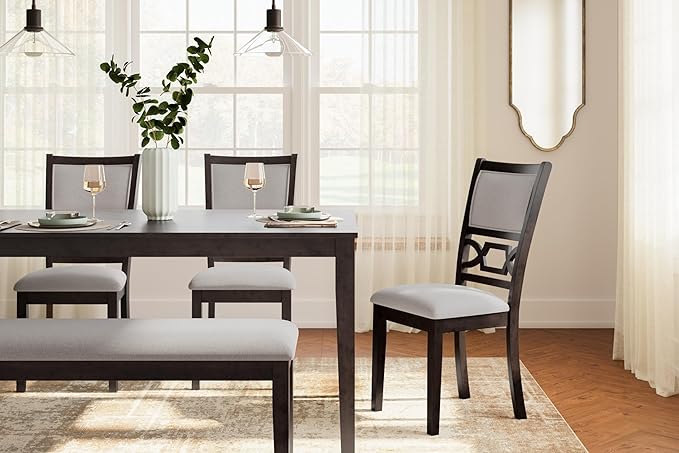 Signature Design by Ashley Langwest Transitional Diamond Patterned Dining Table with 4 Upholstered Chairs and Bench, Set of 6, Dark Brown & Beige