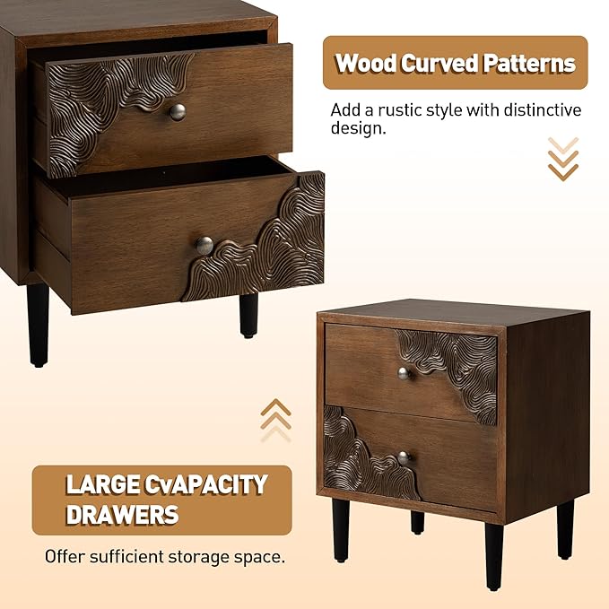 COSIEST Nightstand Set of 2, Mid Century Modern End Table with 2 Storage Drawers, Accent Side Table, Vintage Wood Luxury Night Stand for Bedroom, Living Room, Walnut