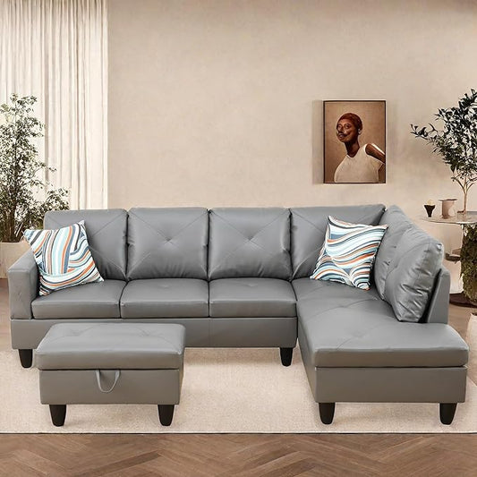 L Shaped Sectional Couches, Leather Modular Sectional Sofa with Ottoman Storage, Modern Lounge Sofa with Chaise for Living Room, Bedroom, Small Spaces, Gray