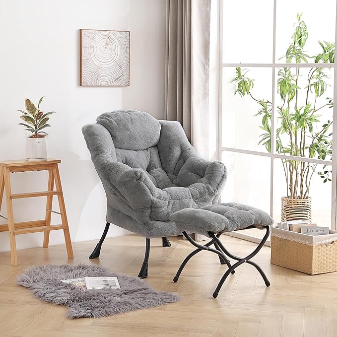 LITA Lazy Chair with Ottoman, Modern Accent Leisure Upholstered Sofa, Contemporary Lounge Reading Chair with Armrests and a Side Pocket for Living Room, Bedroom & Small Space, Plush Grey