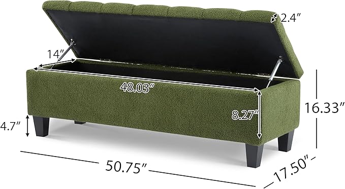 Christopher Knight Home Ottilie Boucle Fabric Storage Ottoman Bench, Wooden Rectangular Ottoman with Storage, Bedroom End of Bed Foot Stool, Entryway Ottoman Footrest, Living Room Extra Seat, Green