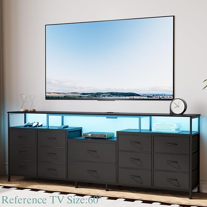 70.9" W Large TV Stand for 65/75/80 inchs TVs,14 Drawer Long Dresser with Charging Station and LED Lights,Entertainment Center with Storage for Living Room (Black, 70.9" W)