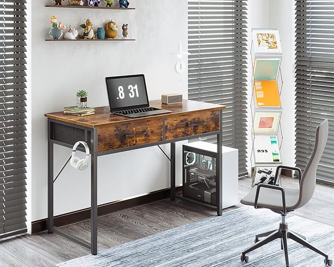 Casaottima 40 Inch Small Office Computer Desk with 2 Drawers & Headphone Hook - Compact Writing Desk for Home Office, Study or Work, Modern Space-Saving Design for Small Spaces, Pure Vintage