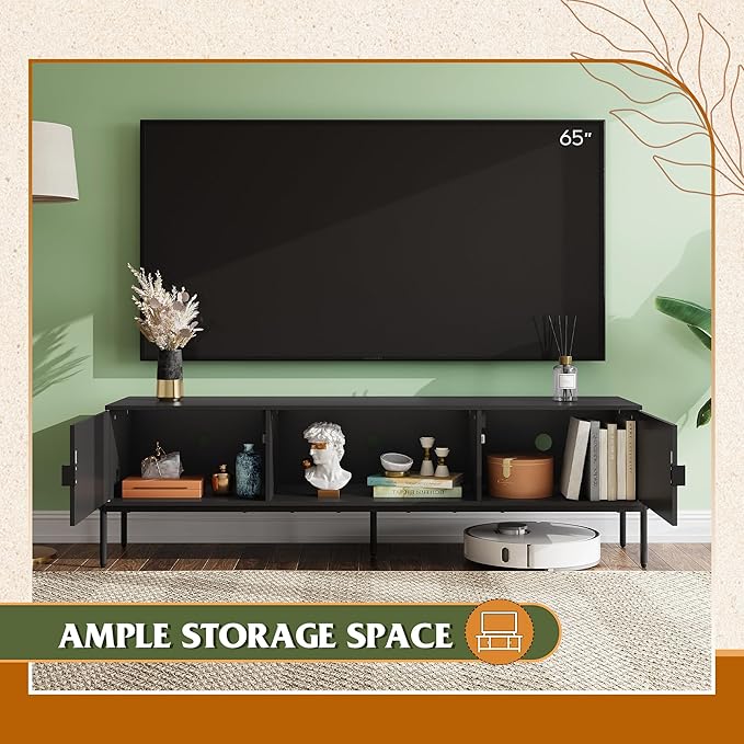 WLIVE Modern TV Stand for 65 Inch TV, Mid Century Entainment Center with Storage, TV Console with Open Shelf and 2 Cabinets for Bedroom and Living Room, TV Cabinet with Metal Legs, Black