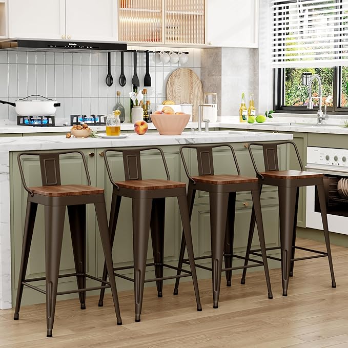 WENTMENT Bar Stools Set of 4 Counter Height Bar Stools Metal Barstools with Removable Back 26" Kitchen Bar Stools with Wooden Seat, Rusty