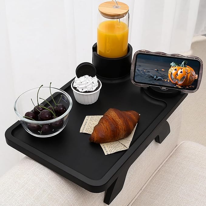 Nnewvante Couch Cup Holder,3 in 1 Large 15.36"x9.85" Bamboo Couch Arm Table Sofa Arm Clip on TV Tray Table with 360°Rotated Phone/Cup Holder, Black