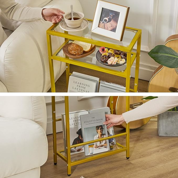 IBUYKE Glass End Table for Small Space, Narrow Side Tables with Storage Shelf, Bedside Table Slim Nightstand with Magazine Holder, for Living Room Home Office, Clear Gold UTMZ002G