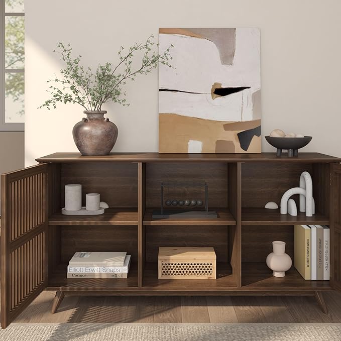 Plank+Beam Mid-Century Modern Wood TV Stand, Solid Wood Entertainment Console with Storage, 59" L x 16" W x 30" H, Walnut