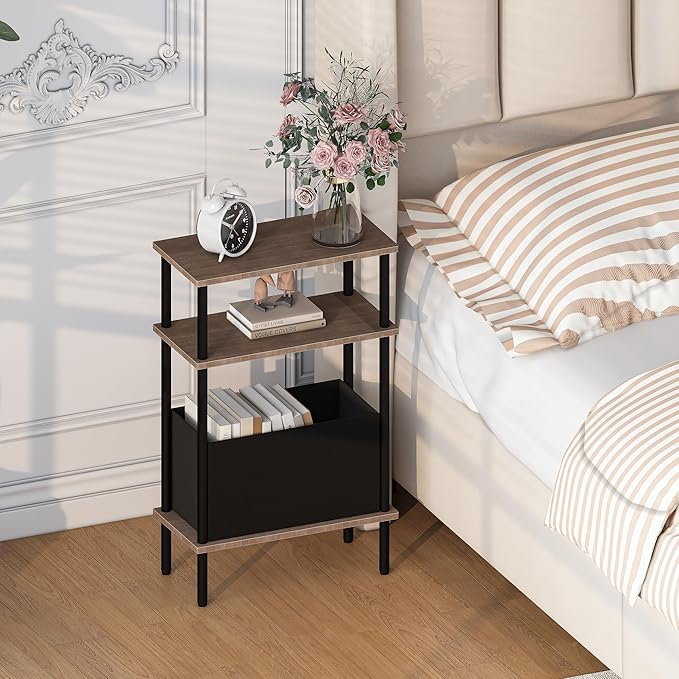 Narrow Side Table with Fabric Basket, Set of 2 End Table for Small Spaces, Slim Nightstand with 3-Tier Storage Shelf, Sofa Beside Table, for Living Room, Bed Room, Natrual Walnut