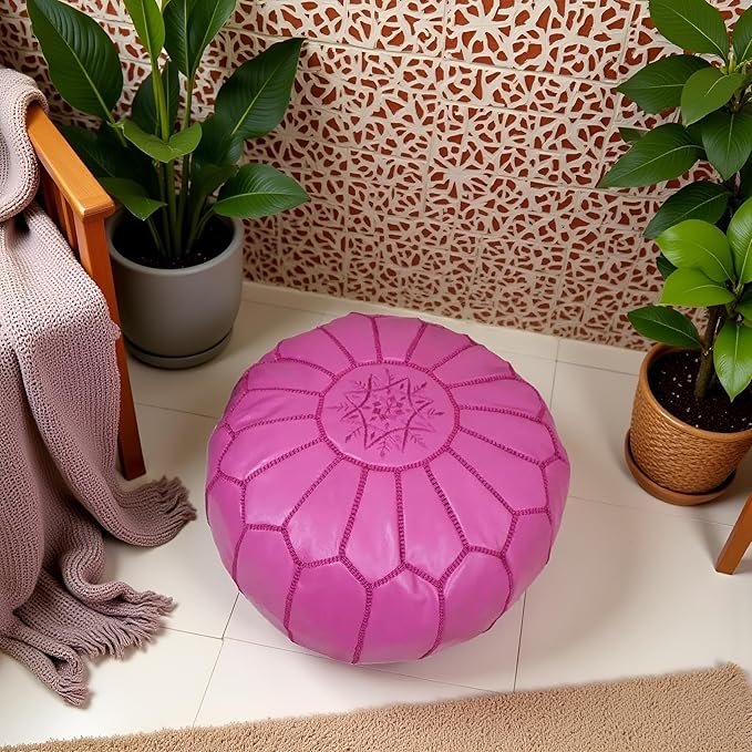 Stuffed Round Design Moroccan Leather Pouf Ottoman, Handmade, Pre-Filled, 100% Genuine Leather, 13” Height x 20” Diameter, Footstool & Living Room Décor (Fuchsia)