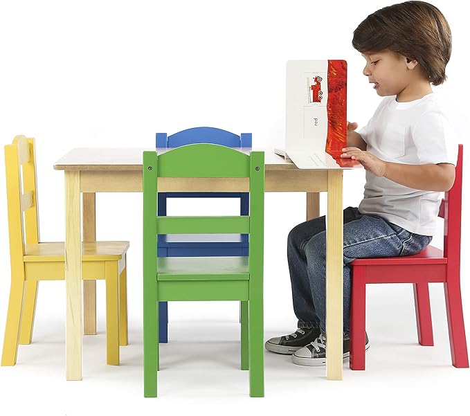 Humble Crew Kids Wooden Table and 4 Chairs Set, Natural/Primary - Kids Table and Chair Set for Toddlers and Children for Arts, Crafts, and Snack Time - Sturdy, Durable Toddler Activity Table
