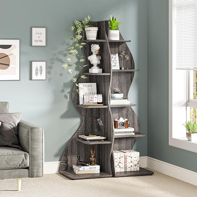 Tribesigns Corner Shelf, Modern 5-Tier Wall Corner Bookshelf, Stylish Corner Small Bookcase Storage Rack Plant Stand with Unique Shape for Living Room, Home Office, (1PC, Gray)