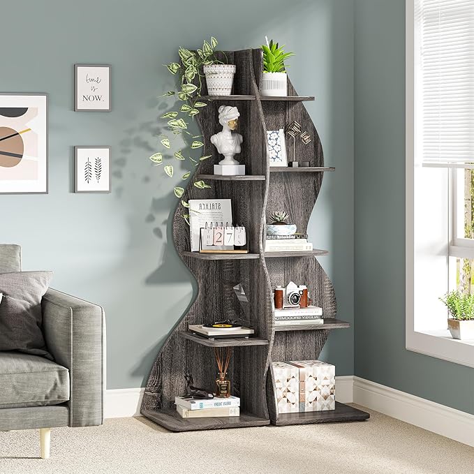 Tribesigns Corner Shelf, Modern 5-Tier Wall Corner Bookshelf, Stylish Corner Small Bookcase Storage Rack Plant Stand with Unique Shape for Living Room, Home Office