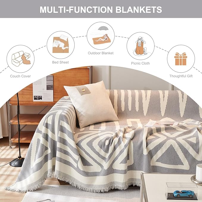 STACYPIK Boho Couch Cover, Chenille Gray Triangle Sofa Cover for 3 Cushion Couch,Non Slip Couch Protector for Dogs Pet-Friendly, Reversible Sectional Cover for L-Shaped, Tassels Throw Blanket-71X150IN