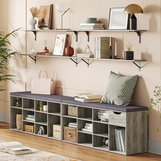 DINZI LVJ Shoe Bench, Entryway Storage Bench with Drawer and 11 Cubbies, Cubby Shoe Rack with Adjustable Shelves, Organizer Cabinet for Living Room, Mudroom, Closet and Garage, Gray Wash