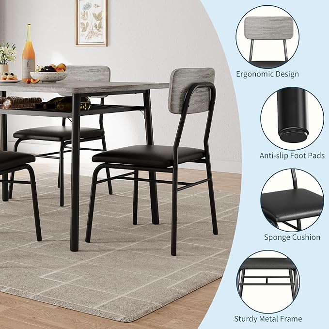 5-Piece Dining Table Set for 4, Wood Kitchen with Built-in Storage Rack, Small Kitchen Table with Upholstered Chairs and Metal Frame for Small Spaces, Gray