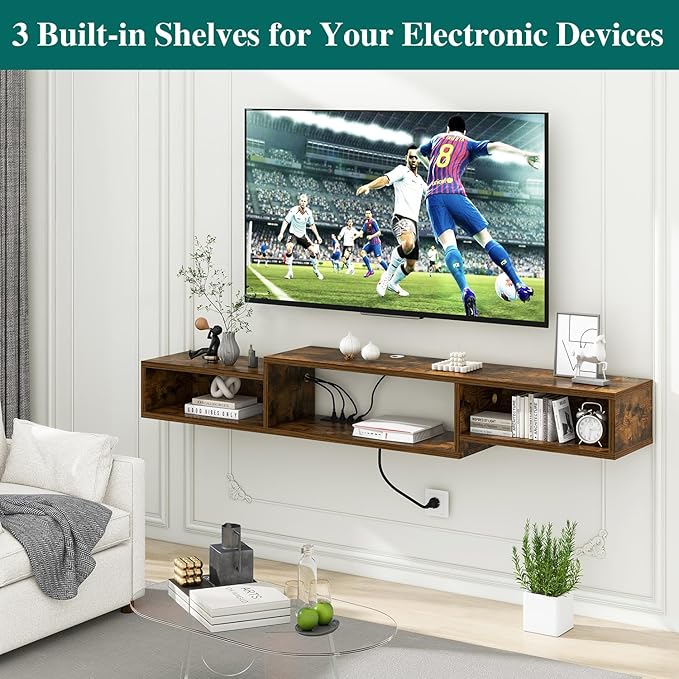 IBUYKE 71" Floating TV Stand Wall Mounted with Power Outlet,Wood Wall Mounted Media Console Shelf,Floating Entertainment Center for Under TV Storage for Living Room Bedroom Office,Rustic Brown WST008H