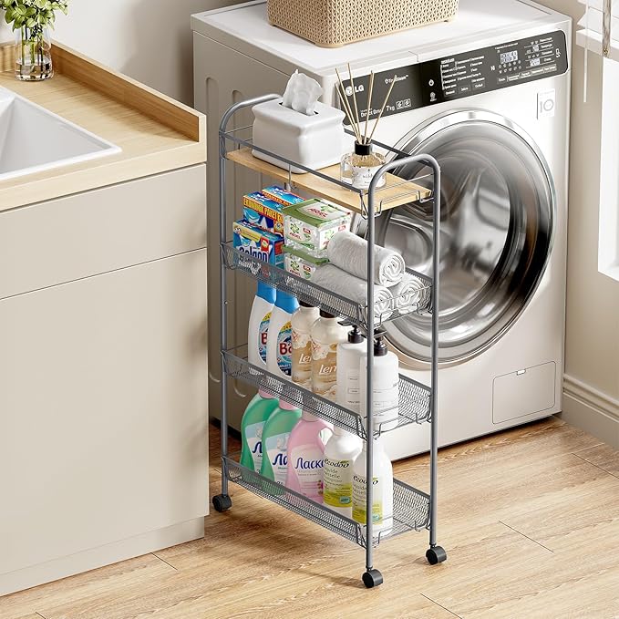 KINGRACK Metal Slim Rolling Cart,4-Tier Metal Utility Cart,Storage Cart with Wooden Tabletop, for Narrow Space on Laundry Bathroom Kitchen Room Bedroom Apartments Dormitory (Light Grey, Slim)