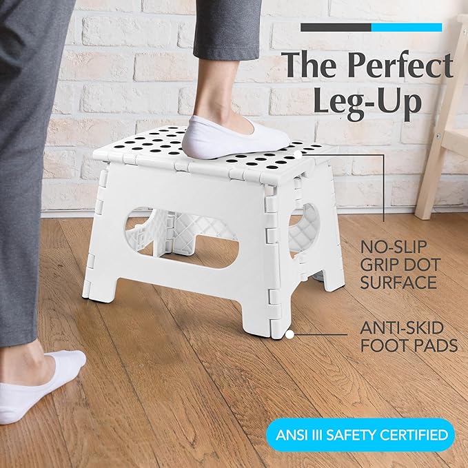 Handy Laundry Folding Lightweight Step Stool - Sturdy Enough to Support Adults and Safe Enough for Kids - Opens Easy with One Flip. Great for Kitchen, Bathroom or Bedroom (White)